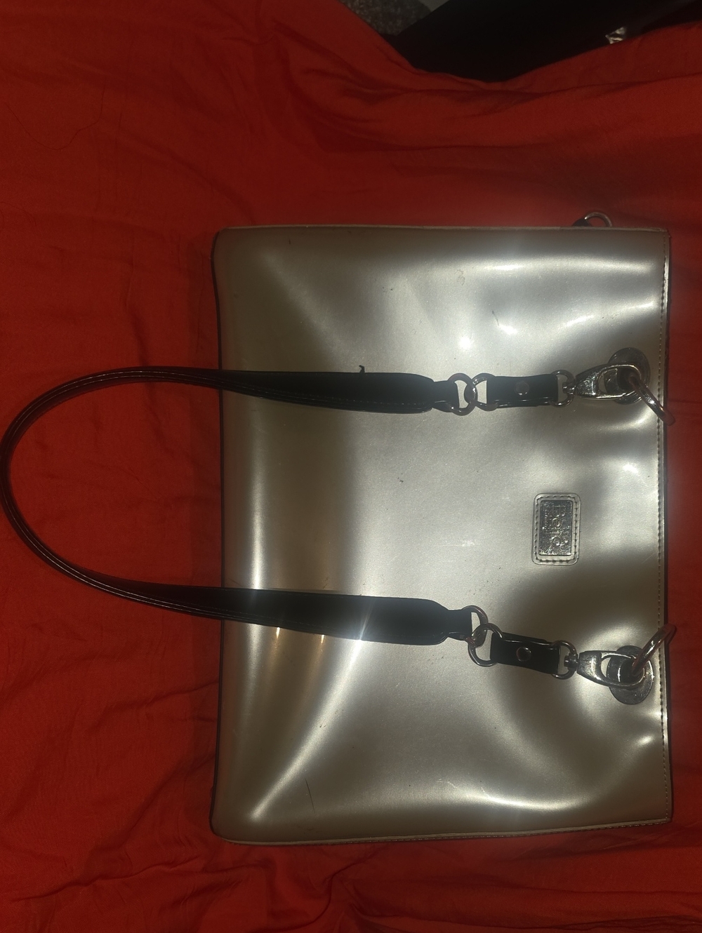 Beijo Metallic Silver Shoulder Bag with Black Handles
